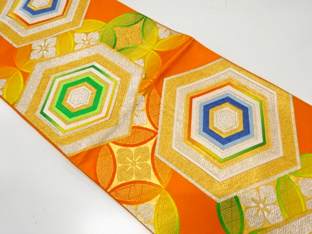 アンティーク　重ね亀甲に花七宝模様織り出し袋帯（材料）